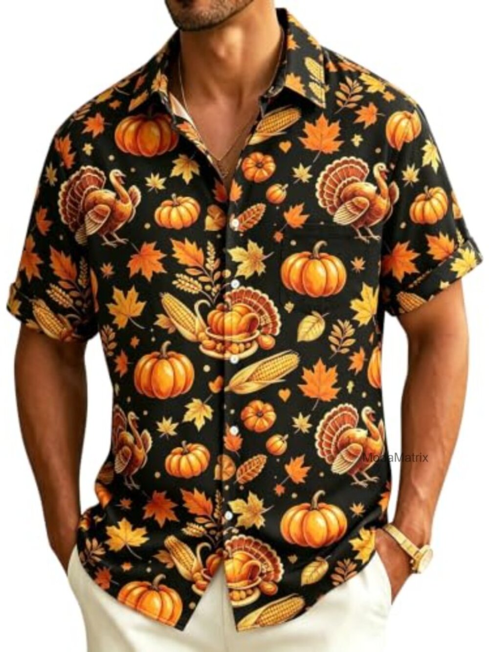 Hawaiian Button Down Short Sleeve Men's Thanksgiving Turkey Print Shirt